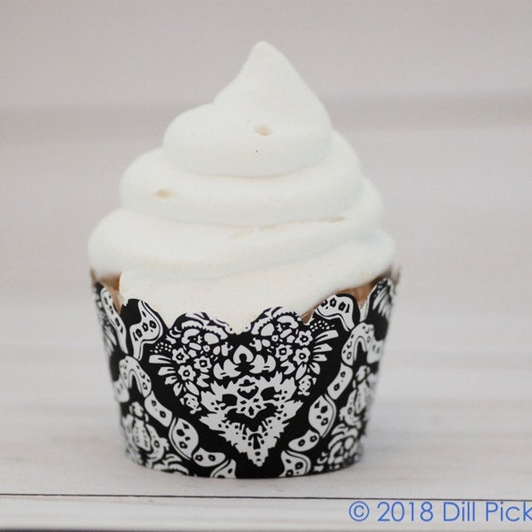 Black & White Vintage Damask Cupcake Wraps - Standard Size - Set of 25