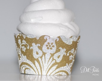 Gold & Silver Glitter Damask Cupcake Wrappers - Set of 24 - Mini Wraps