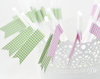 Pink and Green Gingham Flagged White Party Straws - 20 count