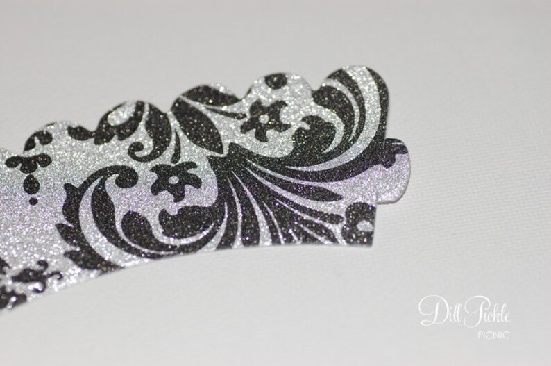 Black & Silver Glitter Damask Cupcake Wrappers Set of 24 Mini Wraps image 5