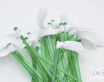 White Grosgrain Ribbon on Green Cocktail Stirrers - 25 count green stir sticks