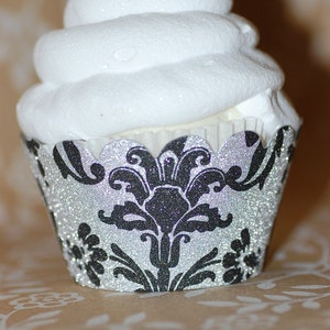 Black & Silver Glitter Damask Cupcake Wrappers Set of 24 Mini Wraps image 1