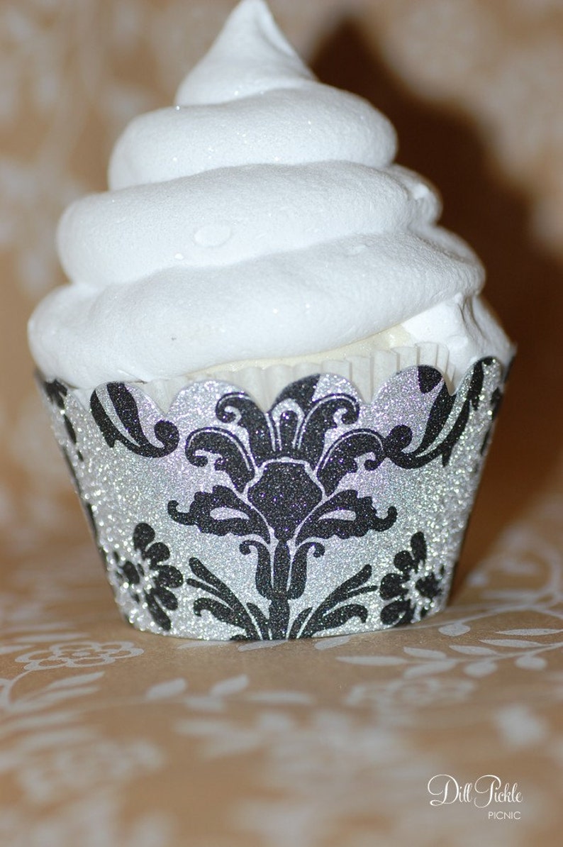 Black & Silver Glitter Damask Cupcake Wrappers Set of 24 Mini Wraps image 1