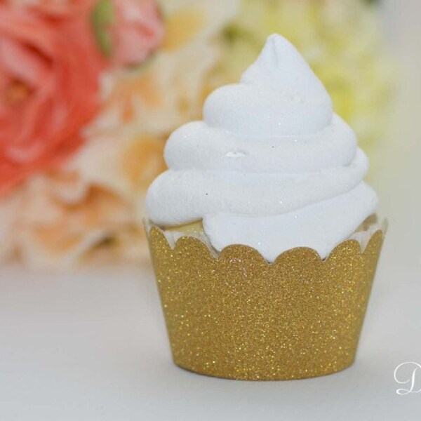 Gold Glitter Cupcake Wrappers - Set of 24 - Standard or Mini Size