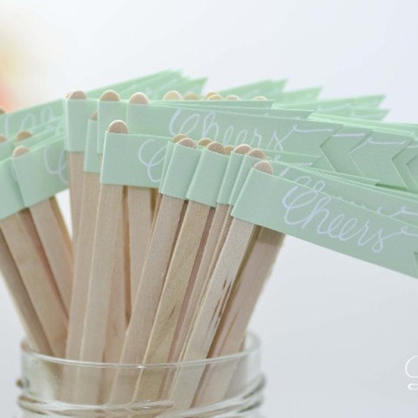 Spearmint - Mint Green Flag with Calligraphy Cheers Cocktail Stirrers or Drink Stirrers - 50 ct