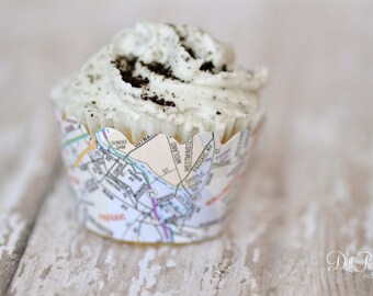 Atlas Map Cupcake Wraps - Set of 24 - Travel themed event - Standard or Mini Size