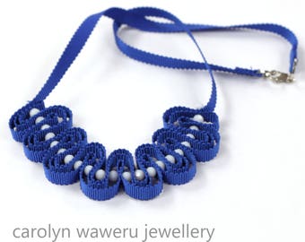 Handmade, ocean blue, grosgrain ribbon necklace with white glass beads