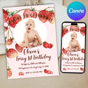 Cartão de primeiro aniversário do bebê Berry, convite, aniversário com tema de morango, editável no Canva, PDF para impressão