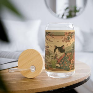 Cat Drinking Iced Matcha Kimono Cat Glass Cup with Bamboo Lid Straw Japanese Art Iced Coffee Tea Cute Reusable Drinkware Iced Matcha Cup