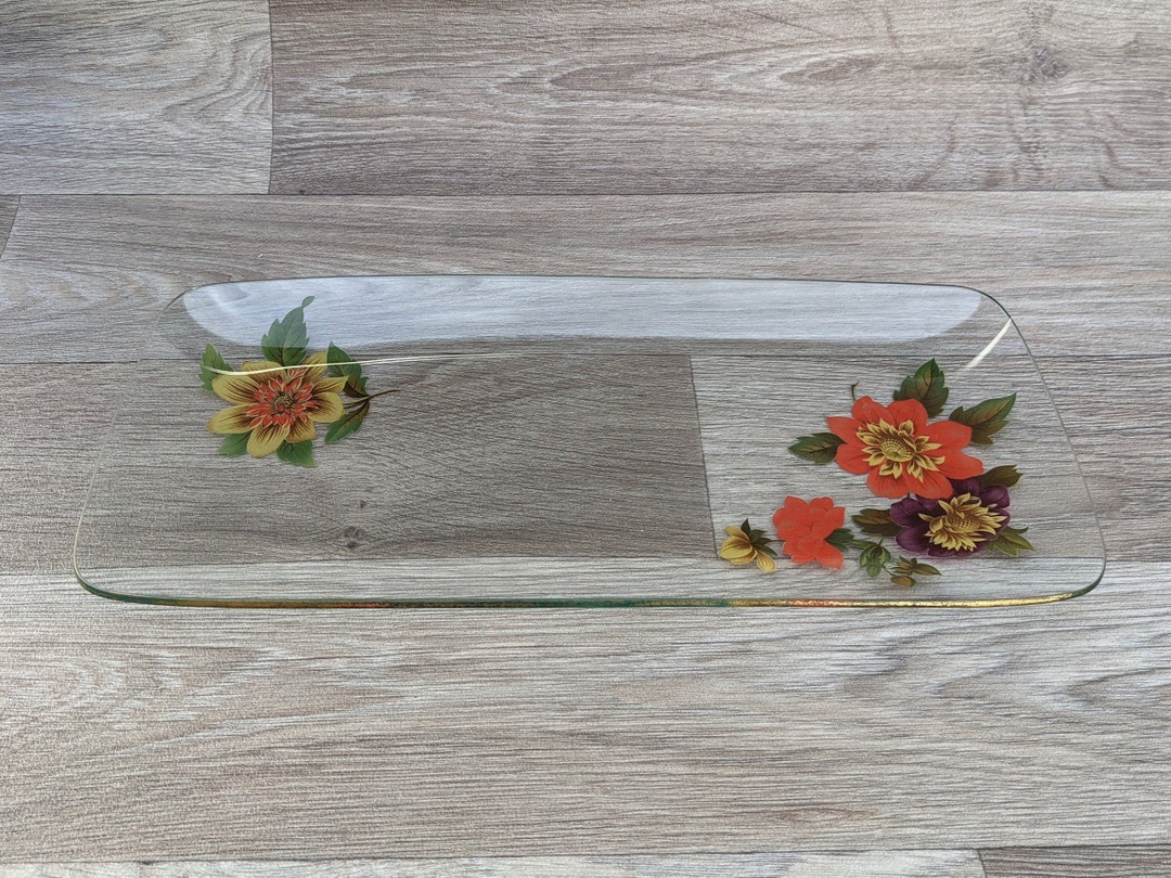 Beautiful Vintage Glass Serving Tray / Sandwich Plate With Flower Decal