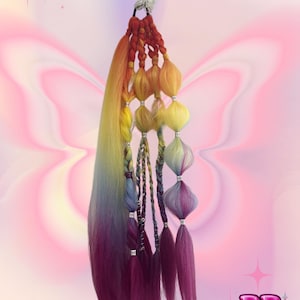 BB Braids Studio Rainbow Tie-in Festival Rave Hair single Braid. Handcrafted with Dutch Bubble & Fishtail Style braids