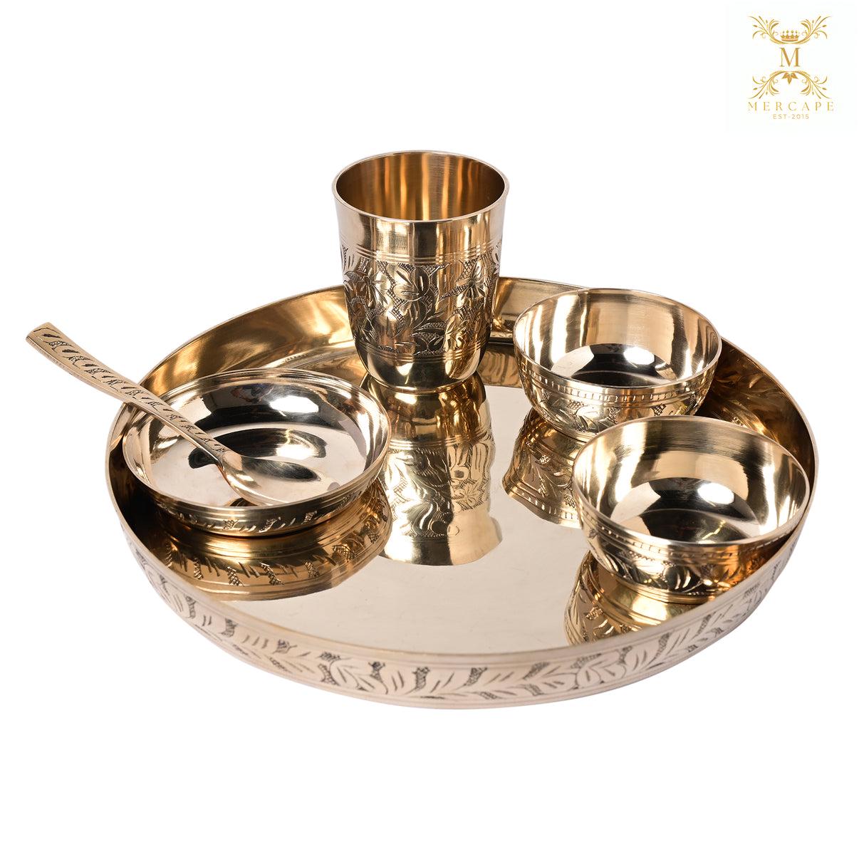 Mercape 6-Piece Kansa Dinner Set Includes 1 Large Thali Plate (11.5"), 2 Serving Bowls, 1 Glass, 1 Sweet Dish Plate, 1 Spoon  | Bronze Set |