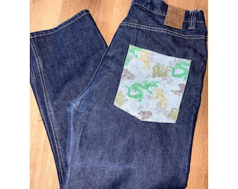 John Blaze heren vintage baggy indigo jeans Dragon Tiger grafische zakken 38 x 30 "