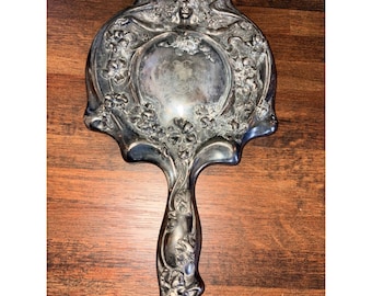 Antique Art Nouveau Hand Mirror Repousse Woman Floral Silver Plate Vanity Mirror