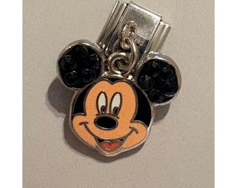 Charm italiano de Mickey Mouse de Disney, esmaltado con cristales negros, tono plateado