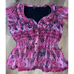 Vintage Notations Damen Top Bluse Rüschen Ausschnitt Pink Geometrischer Druck L y2k