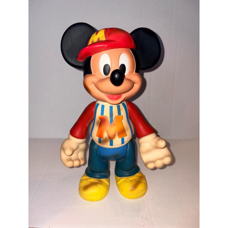 Vintage Disney Mickey Mouse 12 Inch Vinyl Figure Baseball Outfit Red Cap M Logo image 1