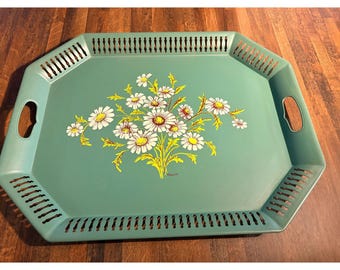 Bandejas de metal para servir cenas sociales vintage, bandeja de mayordomo color verde azulado con margaritas, Maxey Dresden