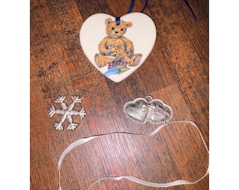 ロンガバーガー スウィートハート タイオン ピューター ハート スノーフレーク テディベア 3個セット 71617