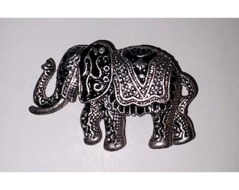 Vintage Elephant Brooch Silver Tone Black Enamel Animal Pin Good Luck Jewelry