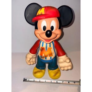 Vintage Disney Mickey Mouse 12 Inch Vinyl Figure Baseball Outfit Red Cap M Logo image 4