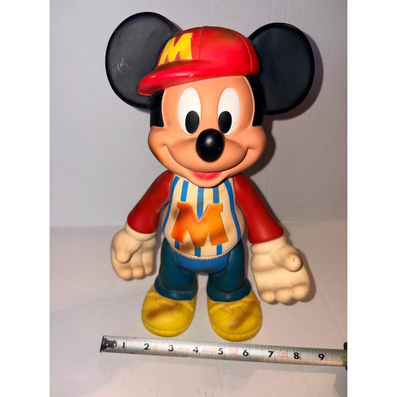 Vintage Disney Mickey Mouse 12 Inch Vinyl Figure Baseball Outfit Red Cap M Logo image 4