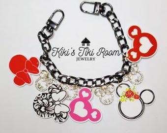 Cadena para bolso pequeño con forma de cabeza de MINNIE MOUSE / Clips para llavero / Cadena para bolso de parque temático / Colgante para bolso / Accesorios para bolso / Cadena para bolso de mujer / Cadena para bolso