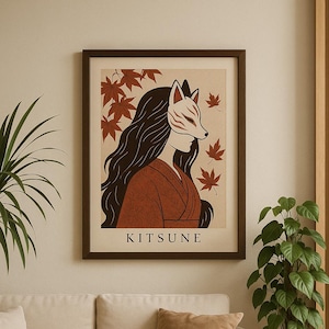 Arte de parede japonesa Kitsune | Impressão Yokai do Espírito da Raposa | Pôster digital da mitologia xintoísta | Decoração do folclore japonês | Download instantâneo