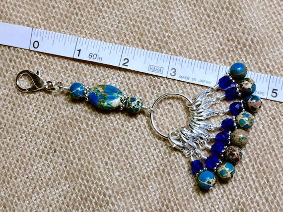 Removable Clip-On Blue Mosiac Turquoise Stitch Markers with Star Holder