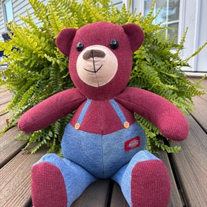 Custom Memory Bear Wearing Overalls, Baby Keepsake, Remembrance Memorial Bear Made from Loved One&#39;s Clothing, Embroidery Options, Suspenders