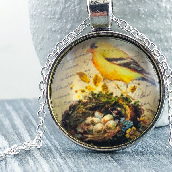 Yellow Finch Pendant Necklace for Women, Art Charm, Cabochon Jewelry, Choose from 4 Finishes, Chain Included, Gift for Girlfriend