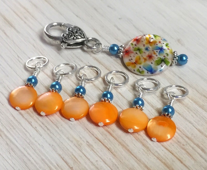 Butterfly Stitch Marker Holder Set Snag Free Orange Stitch Markers Gift for Knitters , Mother's Day Gift image 2