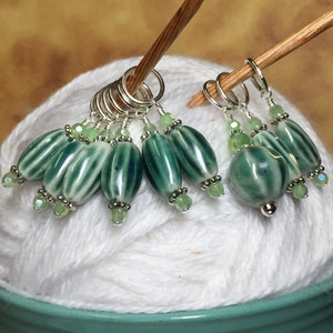 Green Beaded Stitch Markers for Knitting, Snag Free Beaded Knitting Progress Keeper,  Select Clasps for Crochet, Birthday Gift for Knitter