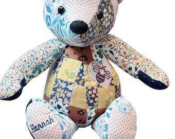 18 Inch Memorial Patchwork Bear, Remembrance Teddy Bear Headband Included, Made from Your Loved One's Clothing, Embroidered Name Option