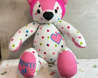 18 Inch Baby Keepsake Bear, Remembrance Teddy Bear Headband Included, Made from Baby Clothing, Embroidered Name Option, Baby Memory Bear