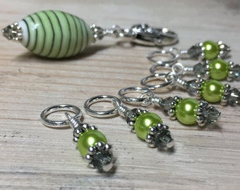 Green Pearl Stitch Markers and Beaded Holder- Gift for Knitters- Snag Free Knitting Tools |,   Birthday Gift for Knitter