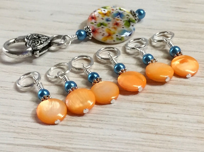 Butterfly Stitch Marker Holder Set Snag Free Orange Stitch Markers Gift for Knitters , Mother's Day Gift image 1