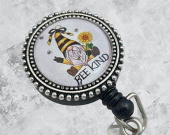 Magnetic Badge Reel with Gnome for Work ID, Retractable Badge Holder, Back to School, Gift for Coworker, Clip on Option, Bee Kind Gnome