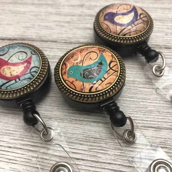 Whimsical Bird Retractable Badge Reel, Magnetic Name Tag Holder,Gift for Teacher, 7 Designs, Birthday Gift for Coworker