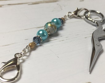 Aqua Beaded Scissor Fob Jewelry, Sewing Accessories, Blue Scissor Charm, Zipper Pull, Beaded Key Chain Lanyard |, Birthday Gift for Quilter