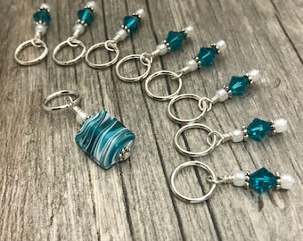 Teal Waves Snag Free Knitting Stitch Marker Set- Gift for Knitters- Stitch Marker Charms, Birthday Gift for Knitter