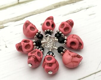 Pink Skull Stitch Markers for Knitters - Snag Free Small Knitting Needle Markers - Gift for Knitters - Progress Keepers for Sock Knitting