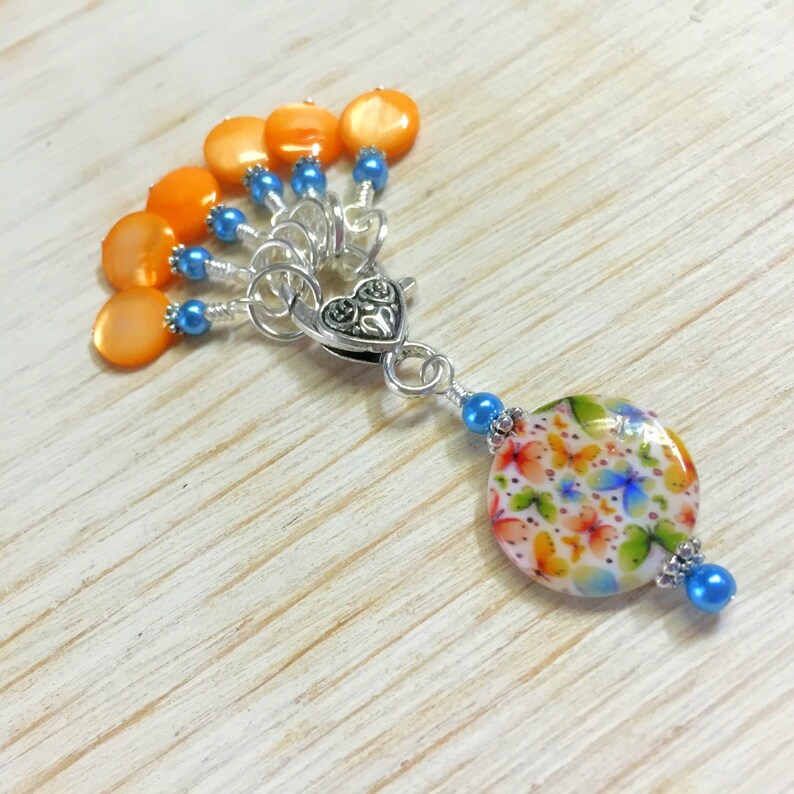 Butterfly Stitch Marker Holder Set Snag Free Orange Stitch Markers Gift for Knitters , Mother's Day Gift image 4