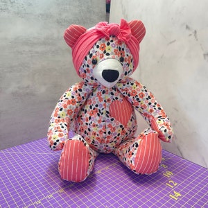 18 Inch Memorial Bear, Remembrance Teddy Bear Headband Included, Made from Your Loved One's Clothing, Embroidered Name Option