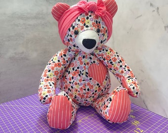 18 Inch Memorial Bear, Remembrance Teddy Bear Headband Included, Made from Your Loved One's Clothing, Embroidered Name Option