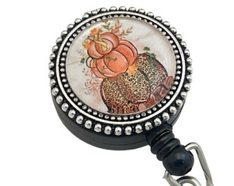 Magnetic Badge Reel with stacked Pumpkins Image for Work ID, Retractable Fall Badge Holder, New Job Gift, Back to School, Gift for Coworker