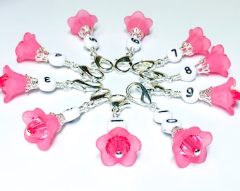 Number Stitch Markers for Knitting, Removable Row Counter, Pink Flower Crochet Markers, Count Jewelry,  Birthday Gift for Knitter