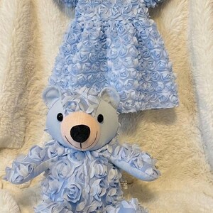 May include: A light blue baby dress and matching teddy bear, both adorned with rose-shaped fabric. The dress hangs on a wooden hanger. The teddy bear has a pink nose and black eyes, creating a cohesive and charming set.