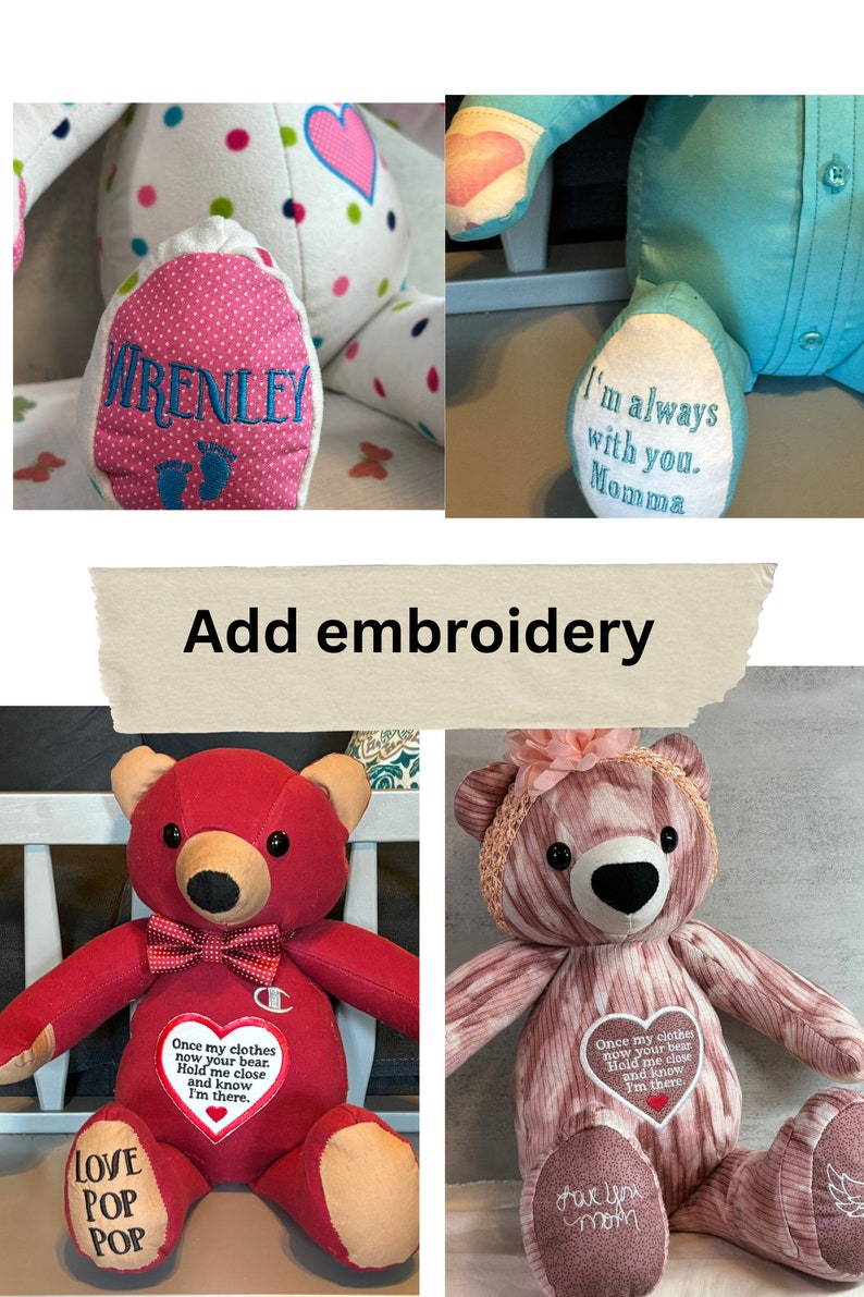 Customized 18 In. Memory Bear, Remembrance Bear, Baby Keepsake, Memorial Bear Gift Made from Loved One's Clothing, Embroidered Name Option image 3