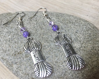 Yarn Earrings: Silver Knitting Charms with Purple Beads